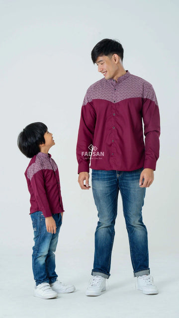 baju koko couple lengan panjang, baju koko couple, baju koko couple ayah dan anak, kemeja koko couple, kemeja batik warna maroon