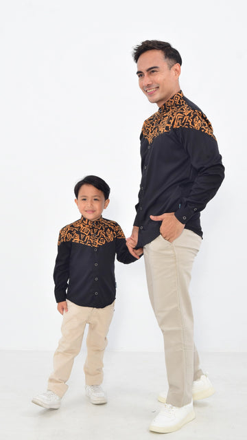 baju koko couple ayah dan anak, kemeja koko couple ayah dan anak, kemeja koko couple warna black mustrad